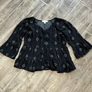 Persaya Girl Black Boho Peasant Top Geometric Print Bell Sleeve Tie‎ Neck Small